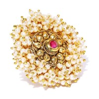 Off-White & Gold-Toned Beaded Ring In Pink Stone