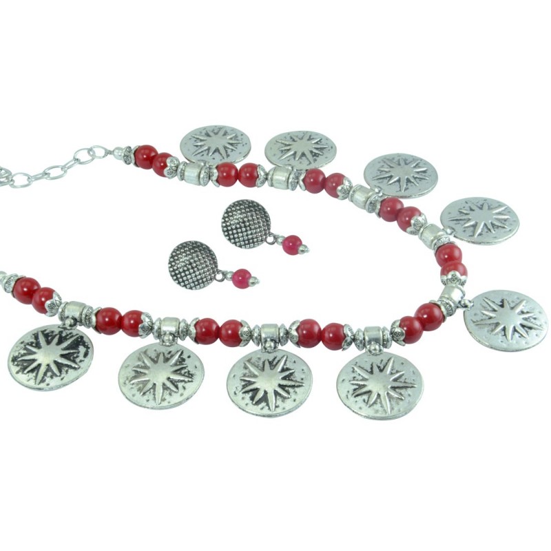 Silver Plated  Necklace Set In Red Color 