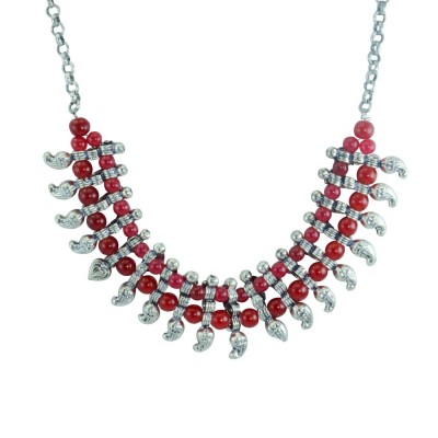 Silver Plated Designer Neckpiece With Red Pearls
