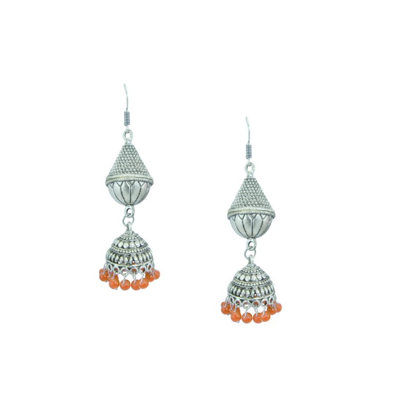 Silver Toned Oxidized Jhumkis Earrings In Orange Color