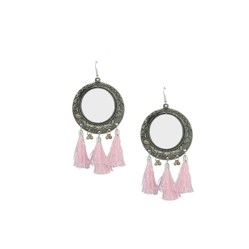 Oxidized Mirror Thread Dangler In Light Pink Color