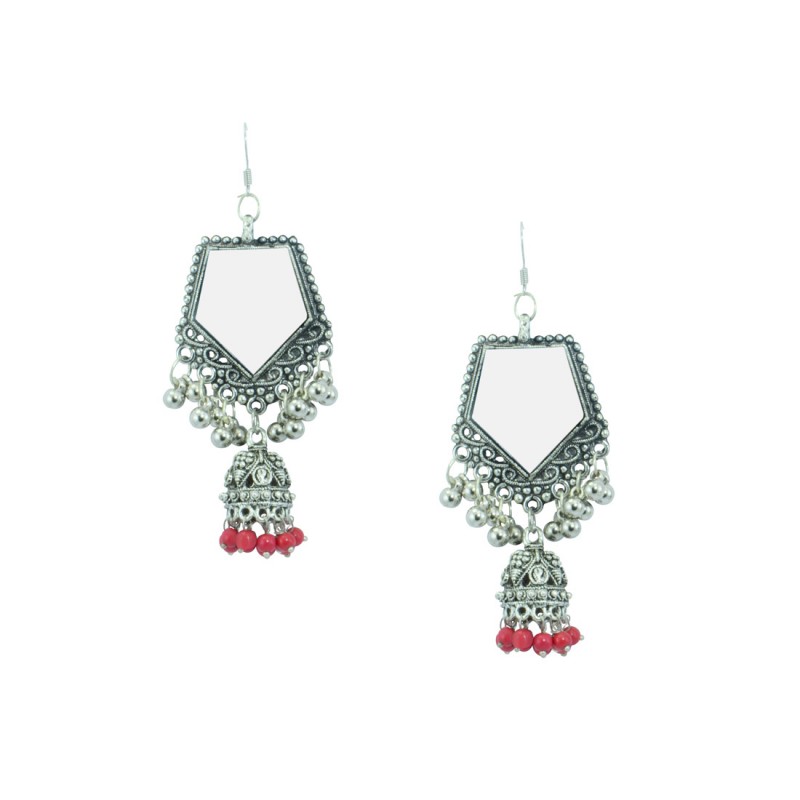 Silver Plated Designer Jhumki Earrings In Red Color