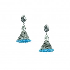 Silver Plated Designer Jhumki Earrings In Sky Blue Color