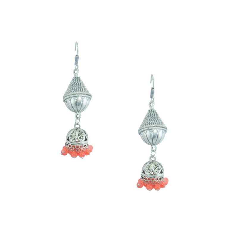 Oxidized Silver Plated Jhumki Earring  With Orange Pearls