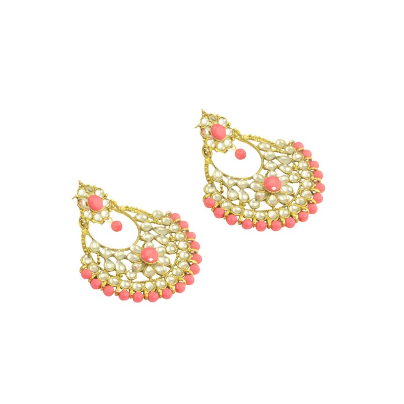 Designer Gold Plated Chandbalis Earrings In Peach Color
