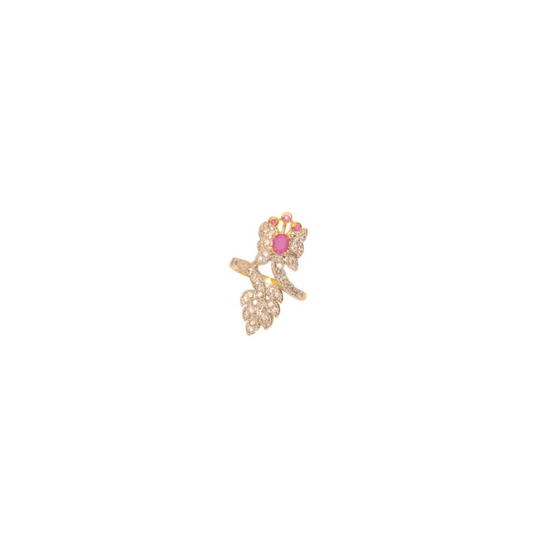 Gold Plated AD Studded Ring In Pink Color